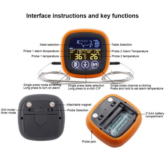 Food Thermometer Alarm Clock with Dual Long Probe LCD Display Accurate BBQ Meat Food Cooking Kitchen Oven Electronic Digital Thermometer Alarm