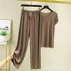Nuovo due pezzi estivo in seta ghiacciata: Top a maniche corte con scollo a V e pantaloni casual drappeggiati a gamba larga