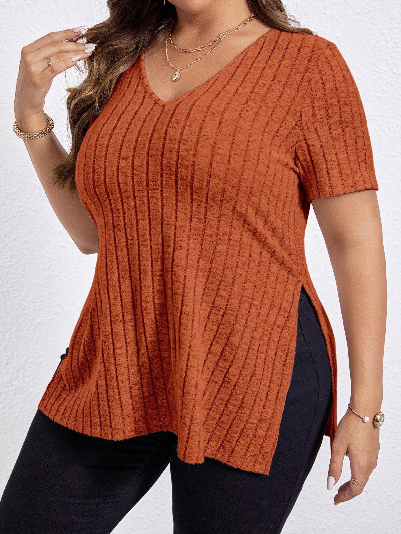 2026 Spring/Summer Plus Size Women s V-neck Ribbed Short Sleeve Slit Pullover Top 5XL