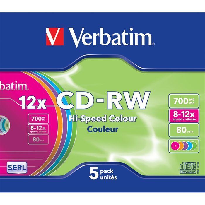 CD-RW Verbatim - Pack de 5 - Boitier Slim - 700 Mo - 80 min - Vitesse 12x