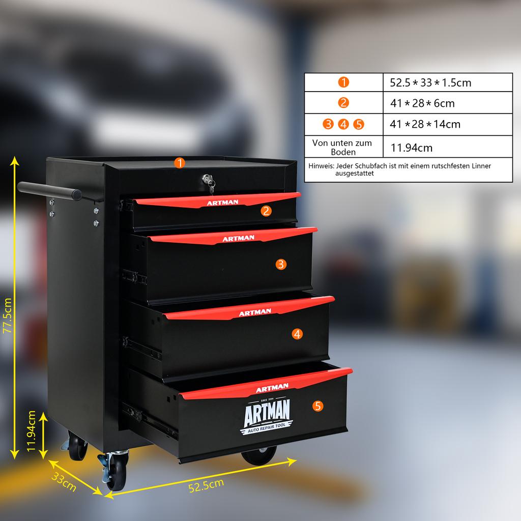 Mobile Metal Tool Cabinet with 4 Drawers, 508 mm (20 Inch), and Ball-Bearing Drawer Slides, Organizing Steel Tool Box – Black-Red