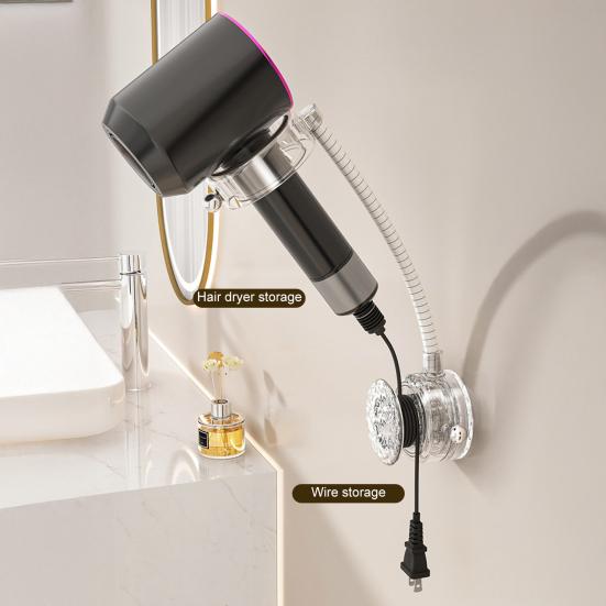 Wall Hair Dryer Holder Wall Mount Suction Cup Blow Dryer Stand Angle Adjustable Hair Dryer Hanger with Cable Storage for Bathroom Organization