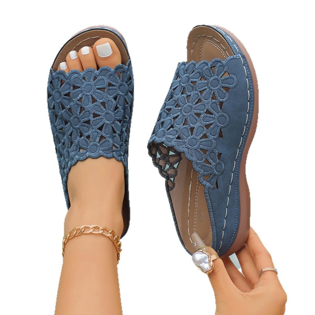 Large Size Sandals Summer New Simple European And American Flowers Hollow Middle Heel Women'S Wedge Heel Slippers