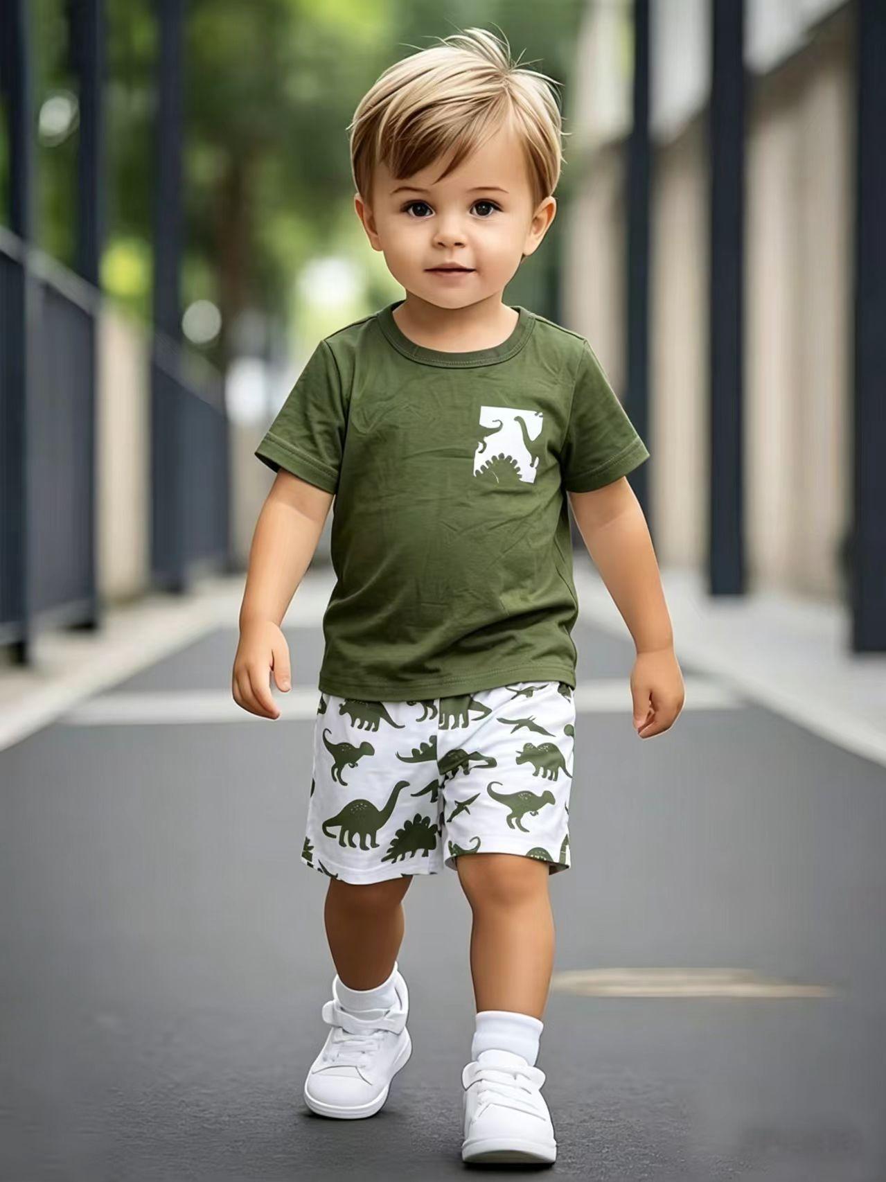 

Toddler Boys Cute Dinosaur Print 2-Piece Outfit, Summer Green Casual Clothes for Kids, Perfect for Playwear & Outdoor 1-2Y зелёный