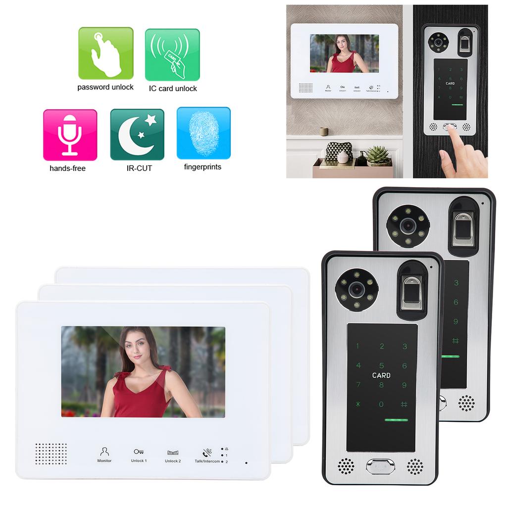 2-Wire Video Intercom 7in 3 Monitors 2 Cameras Fingerprint Password IC Card Night Vision Doorbell