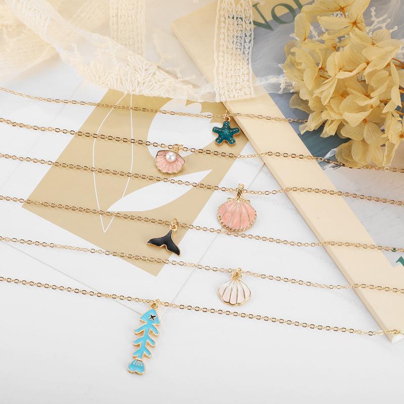 Multi-Layer Necklace Summer Cartoon Fresh Shell Pearl Jewelry Starfish Pendant Fish Bone Necklace