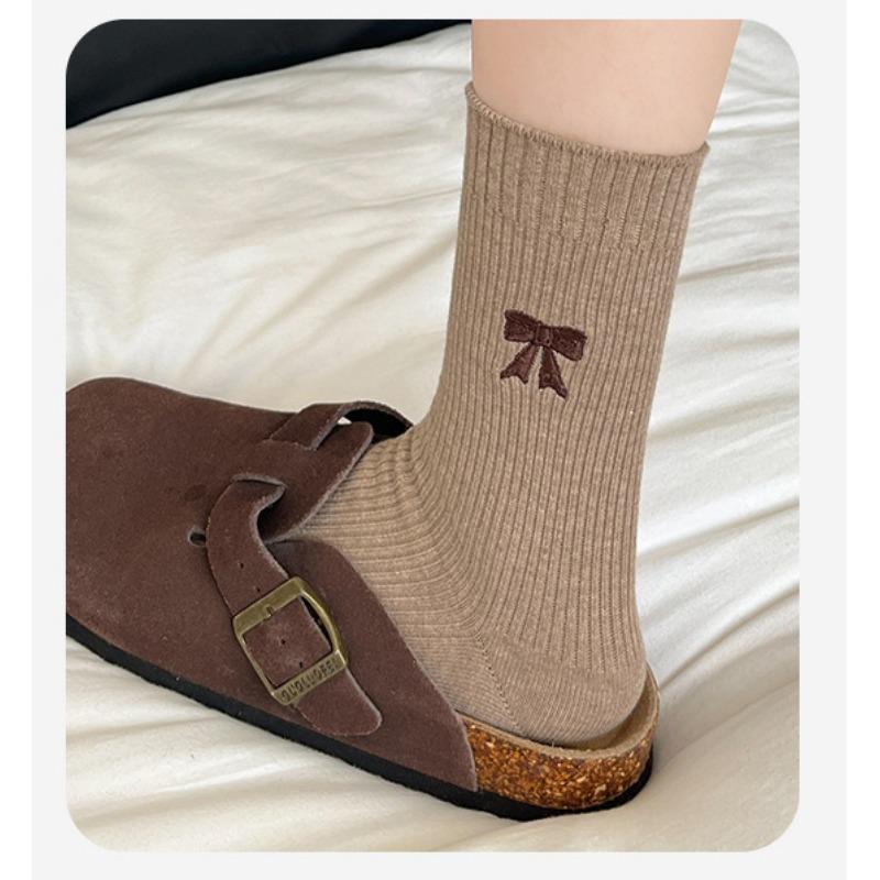 Bow Socks for Women, Autumn Style Cotton Socks, Retro Mid-calf Socks, Solid Color Women's Socks, Mid-calf Pile Socks