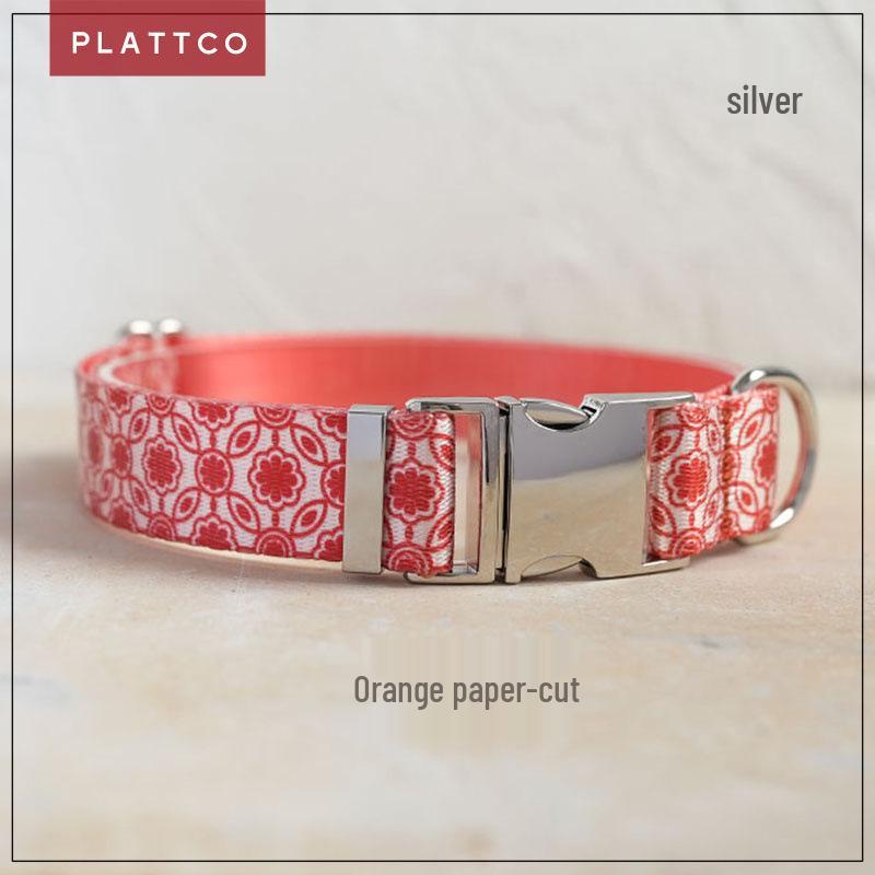 PLATTCO Heat Transfer Screen Printed Imitation Nylon Webbing Collar - Orange-Red Paper-Cut Pattern (PDC344) XS 1.5cm x (23-30cm)