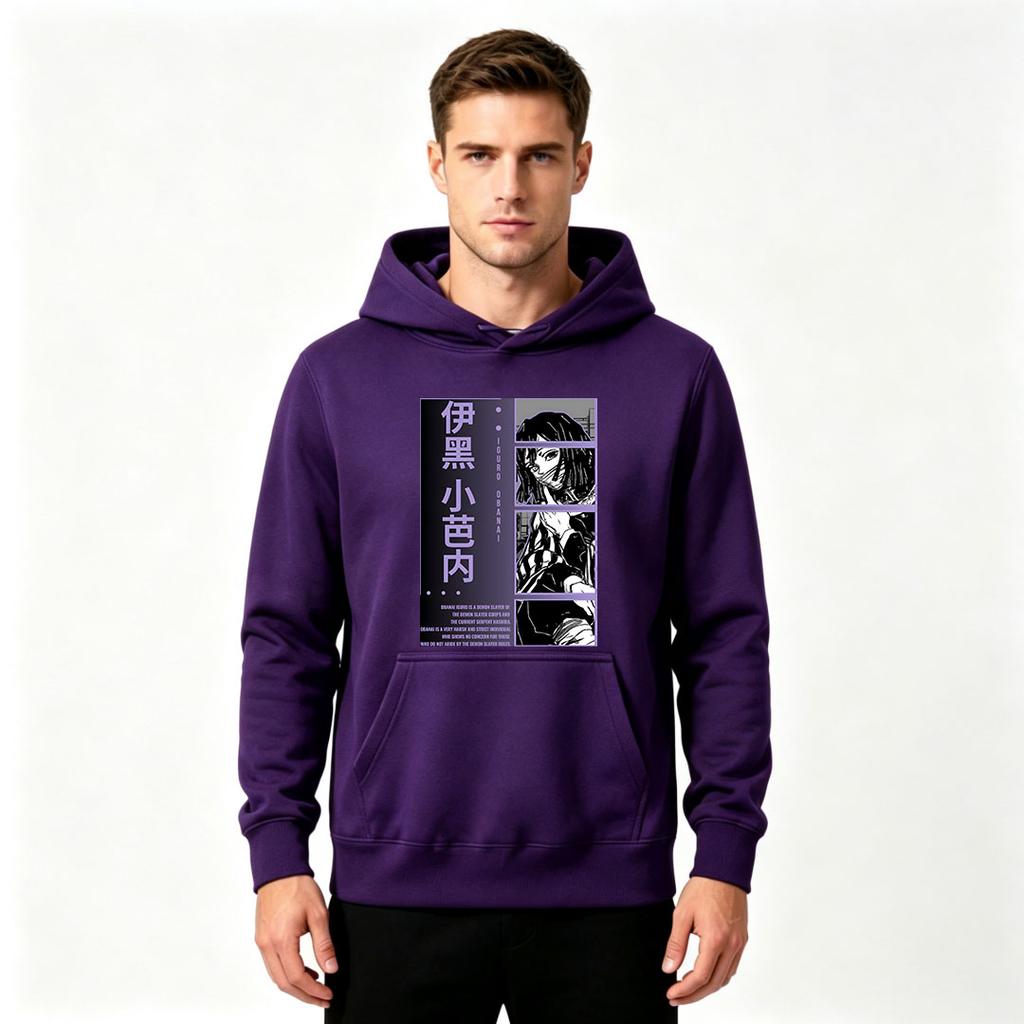 Men Anime Printed Pullover Hoodie Casual Long Sleeve Sweatshirt with Iguro Obanai Pattern