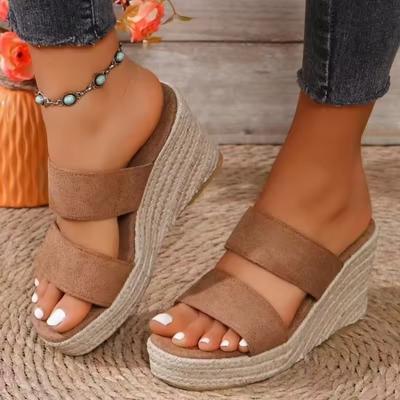 Sommer-Plateausandalen in Übergröße für Damen, Peep Toe, hohe Keilabsätze, bequeme High Heel-Slides, Strand-Slipper