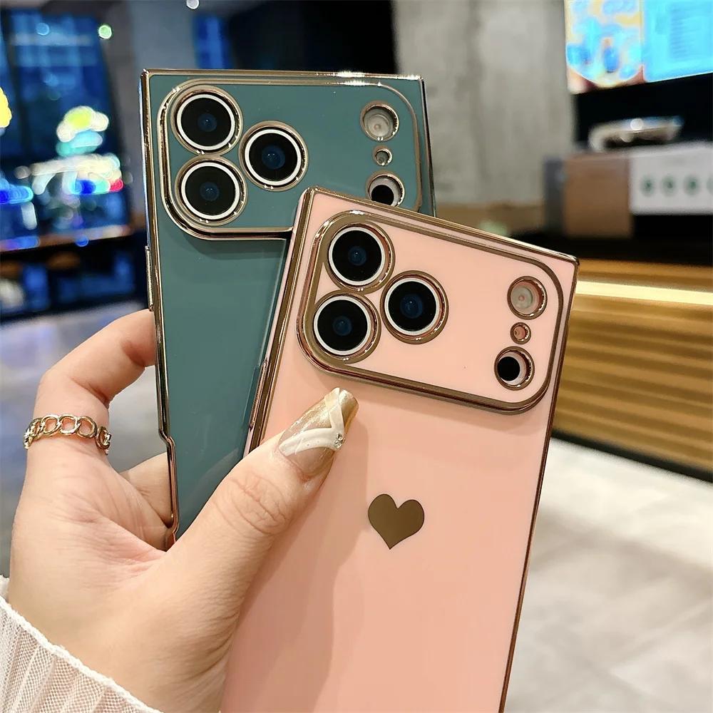 Fashion Plating Glossy Silicone Heart-Shaped Case For IPhone 17 Pro Max Air 16 15 14 13 12 11 Plus Shockproof Bumper Back Cover