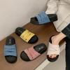Thick-soled Woven One-word Sandals for Women 2025 Summer New Heightening Open-toed Beach Shoes Versatile Boken Slippers Outer Wear