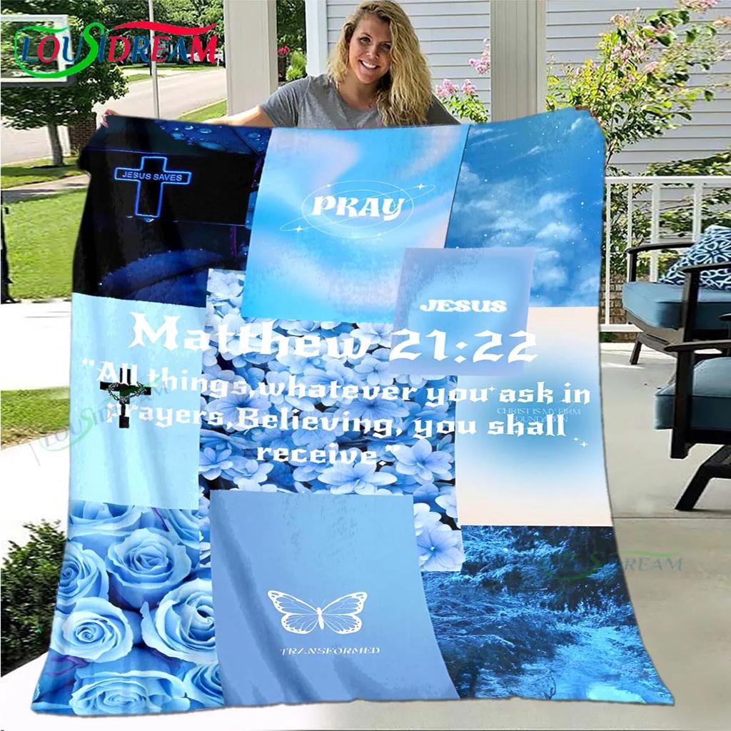 Fashion Bible Verses Jesus Pattern Blanket Flannel Thin Blanket Portable Home Travel Office Lunch Break Blanket Birthday Gift