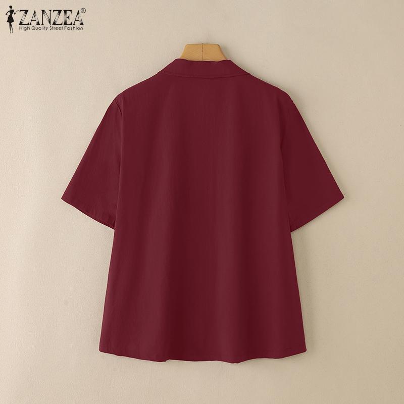 ZANZEA Damen Lässig Umlegekragen Locker Kurzarm Baumwollbluse