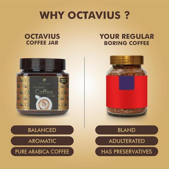 Café Instantané Octavius Gold - 200g Pur Grains Torréfiés, Arôme Riche, Espresso Fort, Latte & Cappuccino, Chaud & Froid, Pot Incassable