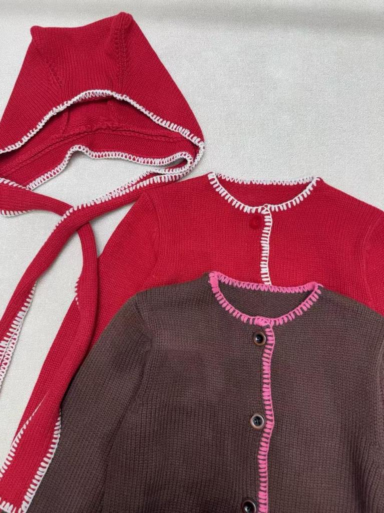 Red Detachable 3D Ears Hooded Knit Cardigan with Pockets - Versatile, Age-Reducing Outerwear