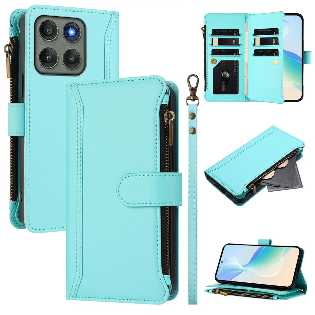For Motorola Edge 60 Pro 5G Leather Case 9 Card Slots Zipper Wallet Stand Phone Cover with Wrist Strap