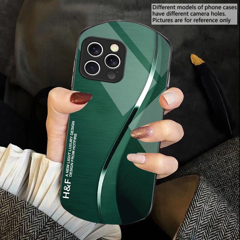 Green gradient silk For iPhone 16 15 14 13 Plus 12 mini 11 Pro Max XR Xs X 7 8 6 6S 2022 Elliptical Tempered Glass Phone Case