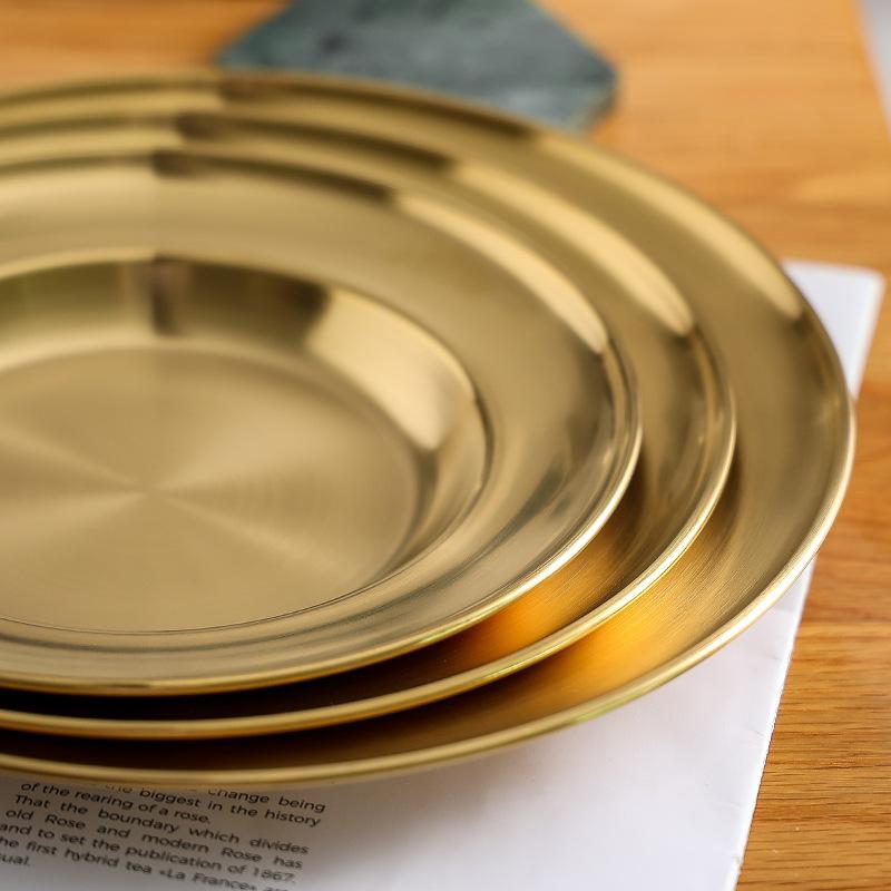 Round Kitchen Bar Tableware Cake And Fruit Snack Salad Plate Kitchen Accessories Stainless Steel Plate Camping Picnic Plate