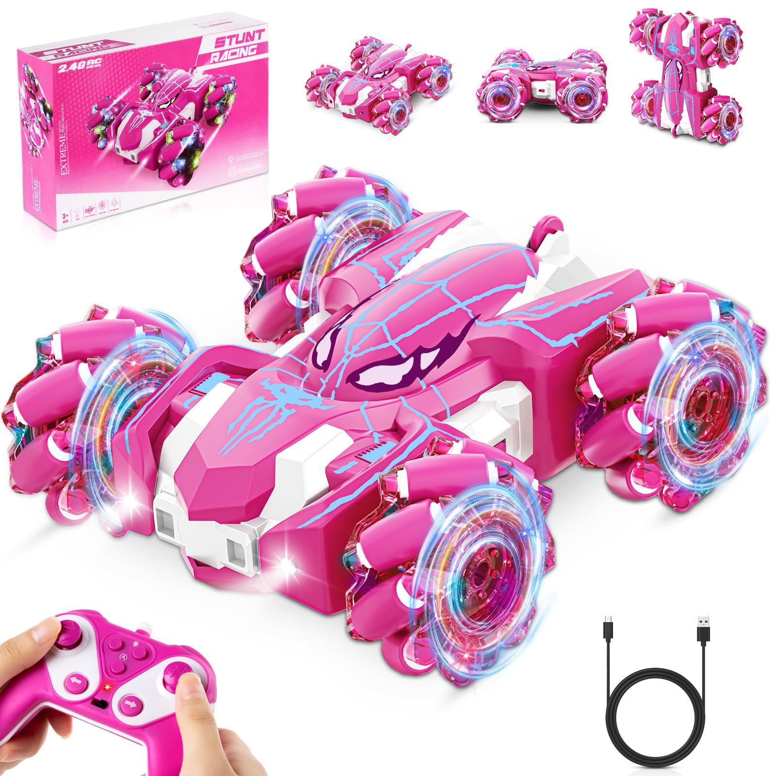 

Рожева світлодіодна машина для трюків з дистанційним керуванням, обертання на 360°, двосторонній рух, дитяча електрична іграшкова машина для багатокористувацьких ігор рожевий