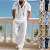 Men's 2 Piece Linen Hooded Henley Shirt and Pants Set Casual Loose Fit American Style Fall Outfit