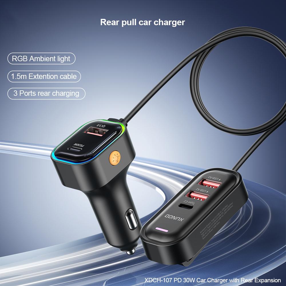 

XUNDD XDCH-107 PD 30W Car Charger with Rear Seat Charging Ports Fast Charging/RGB Ambient Light