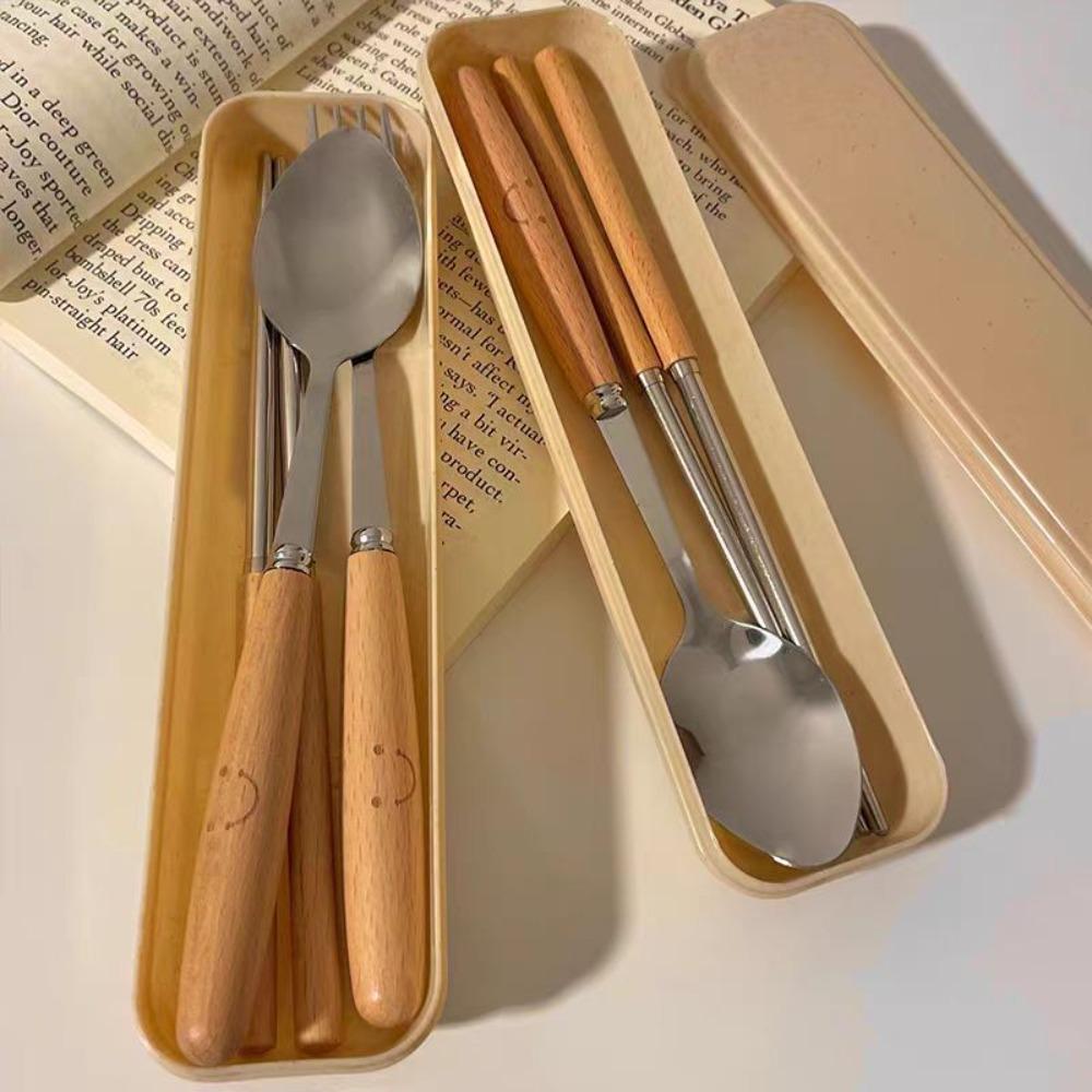 410 Stainless Steel Spoon Fork Chopstick Set with Dust-proof box Wooden Handle Tableware Set Portable Cutlery Set Student