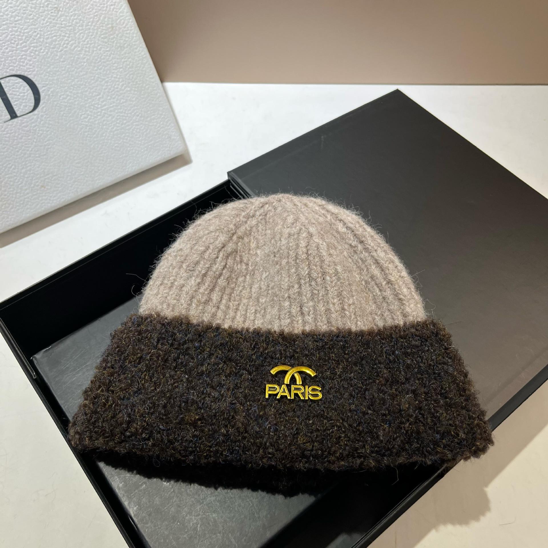 Xiaoxiangfeng French Two-Color Thickened Warm Wool Hat Hyunya Wind Contrasting Color Wool Blend Knitted Hat One size