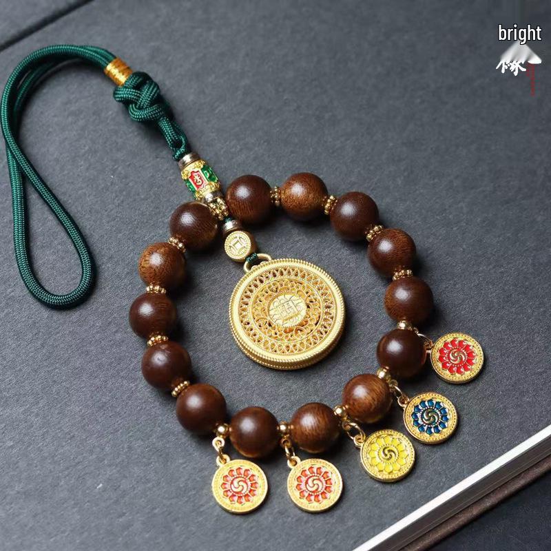 Fuson Red Soil Agarwood Car Pendant with God of Wealth & Peace Lock - Sinking Grade Beads Jewelry