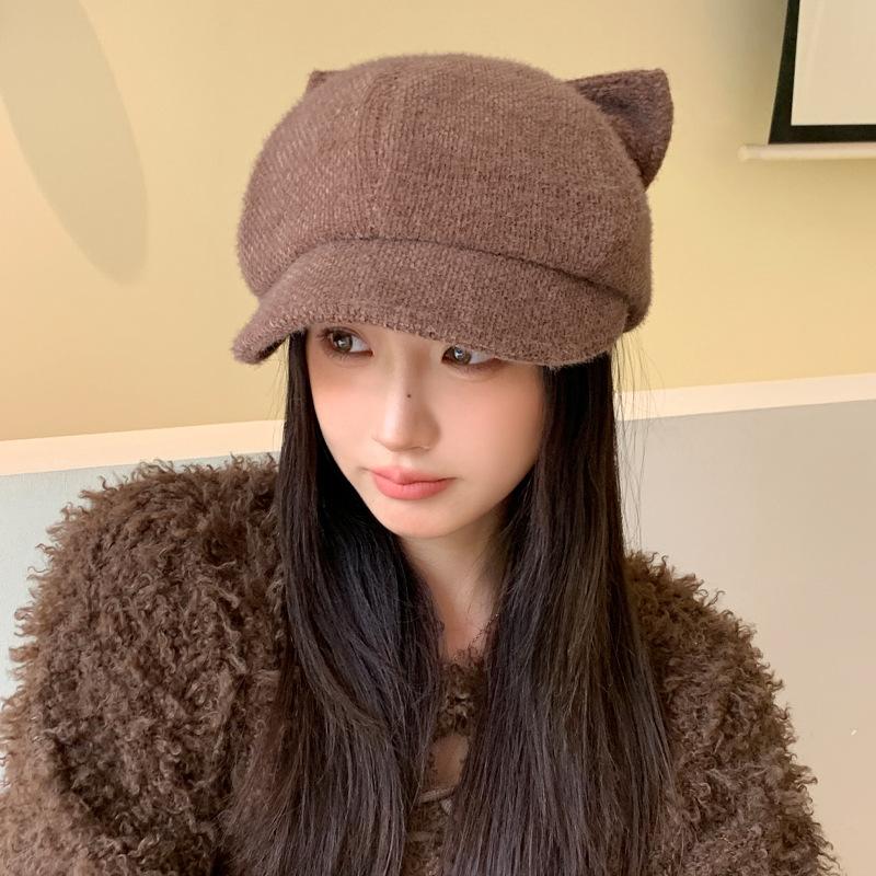 Koreanische Niedliche Katzenohren Plüsch Baskenmütze Herbst und Winter Lässige Gesicht Zeigende Kleine Warme Mütze Modische Vielseitige Malermütze Neu