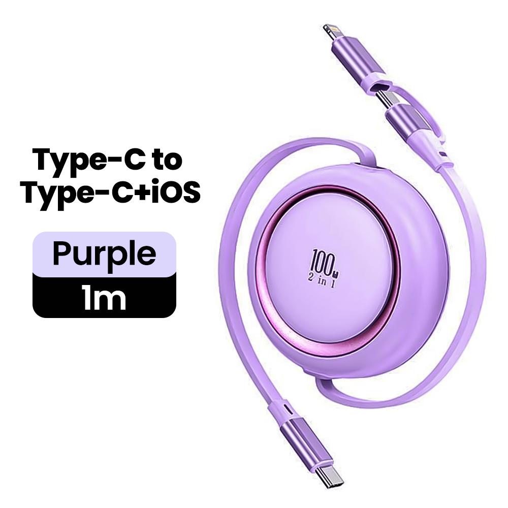 

2IN 1 PD100W Fast Charging Type C Cable For iPhone 15 16 Samsung Retractable Type C to USB C/Lighting Cable For Laptop Tablet фиолетовый