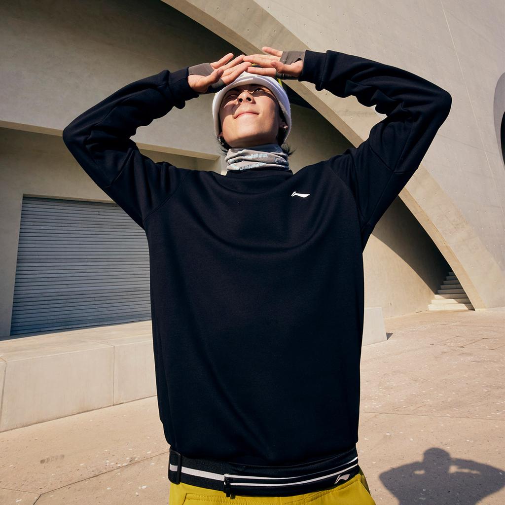 Li-Ning Anti-Static Anti-Bacterial Warm Solid Color Crew Neck Pullover Fleece Long Sleeve Sweatshirt Men sweatshirt Black AWDUF99-1
