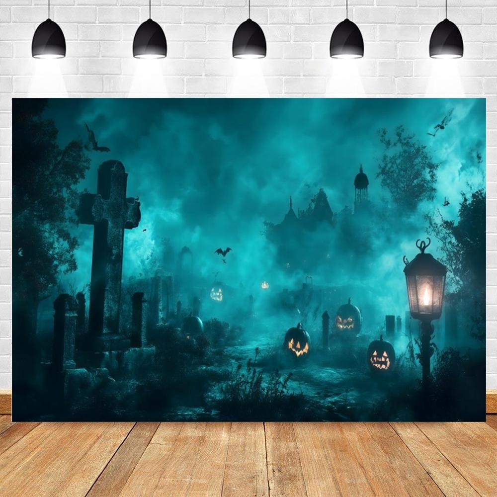 Halloween Full Moon Suburbs Cemetery Backdrop Scary Skull Castle Pumpkin Lantern Family Festival Party Decor Photo Background