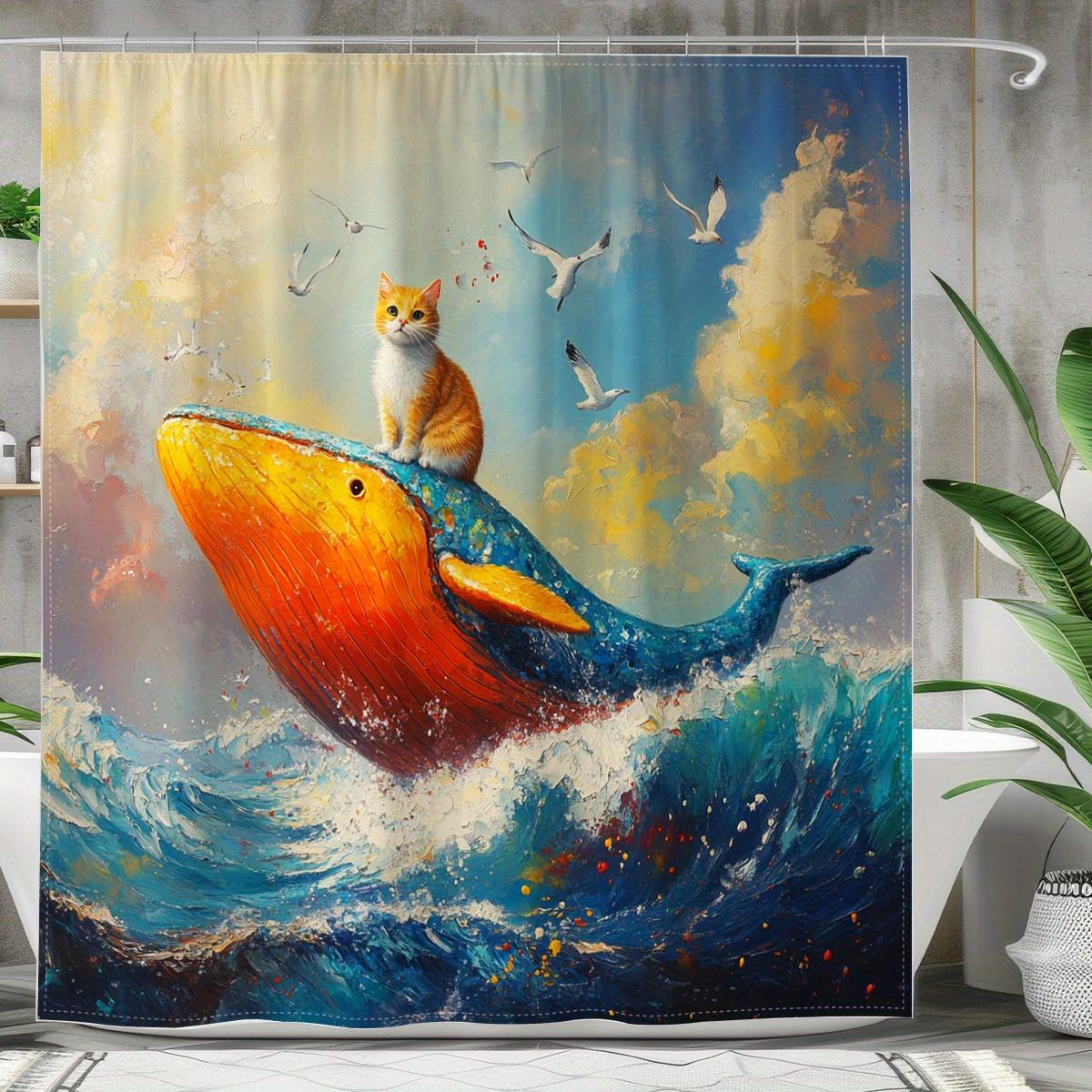 

1Pc Creative And Beautiful Whale And Cat Themed Digital Printed Shower Curtain, Made Of Polyester Fabric With Hooks, Bathroom W60H190(CM)-1 Pcs