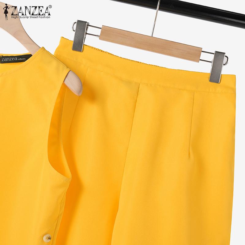 ZANZEA Ensemble deux pièces pour femmes, col rond, sans manches, poches à boutons, couleur unie, hauts et shorts amples, été