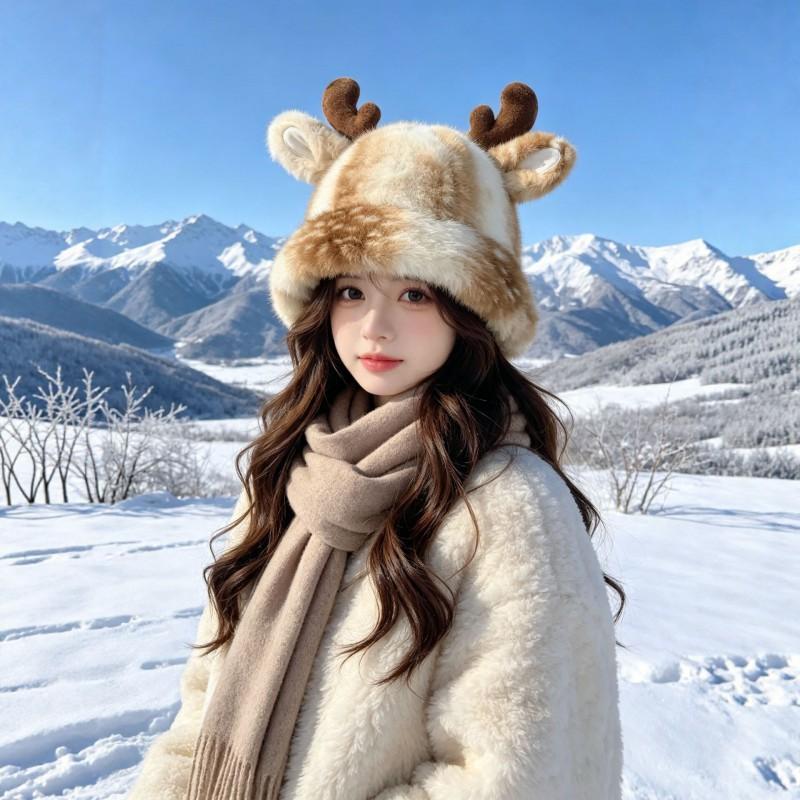 Fuzzy Reindeer Antler Beanie Hat Women Men Winter Warm Ear Protection Fisherman Cap Cute Animal Style
