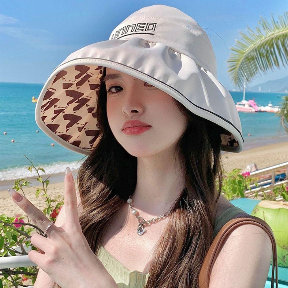 

Big Brim Women Sun Hat Double-sided Empty Top Beach Cap Portable Sunscreen Bucket Hat