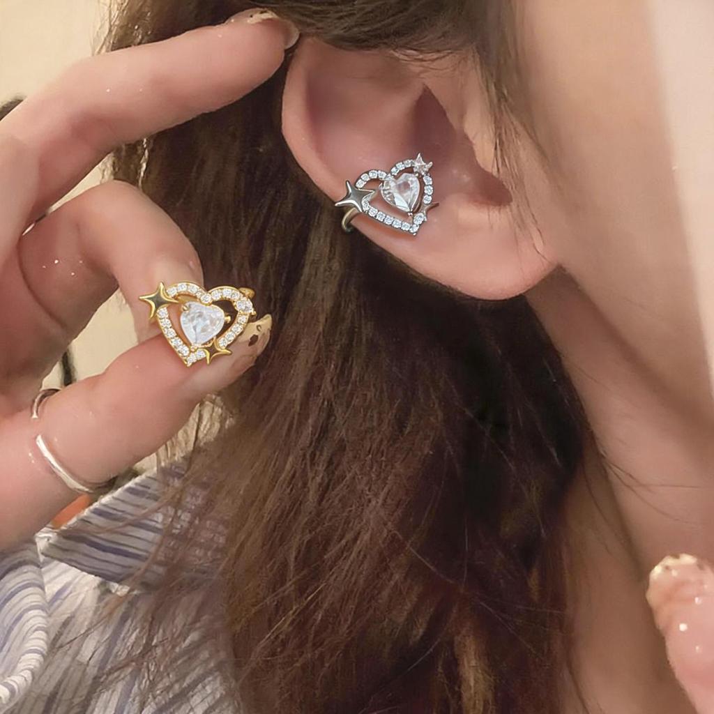Elegant Zirconia Heart and Star Ear Cuff for Women - No Piercing, Light Luxury Jewelry
