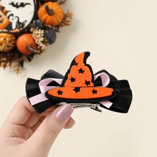 1 Pair Girl Hairpins, Anti-Slip Clip Design Bang Hair Pins, 3D Bow Pumpkin Skull Eyes Halloween Shape Hair Clips, Thick Ribbed Webbing Hair