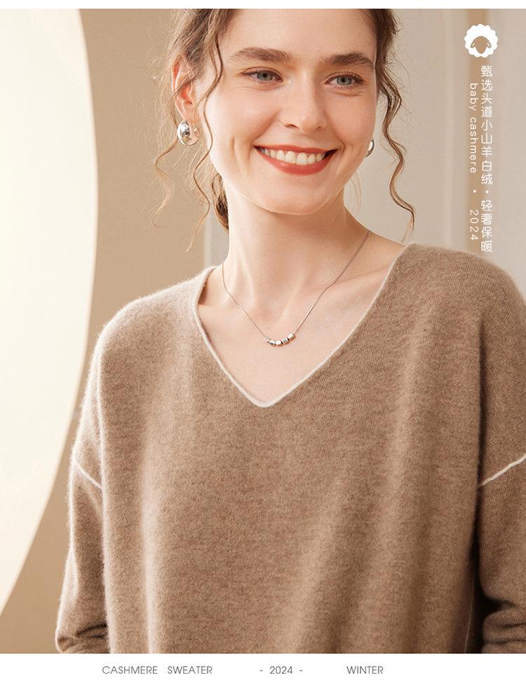 2024 Autumn/Winter Women's Cashmere V-Neck Loose Knit Pullover Sweater - Long Sleeve, Lazy Style Fashion
