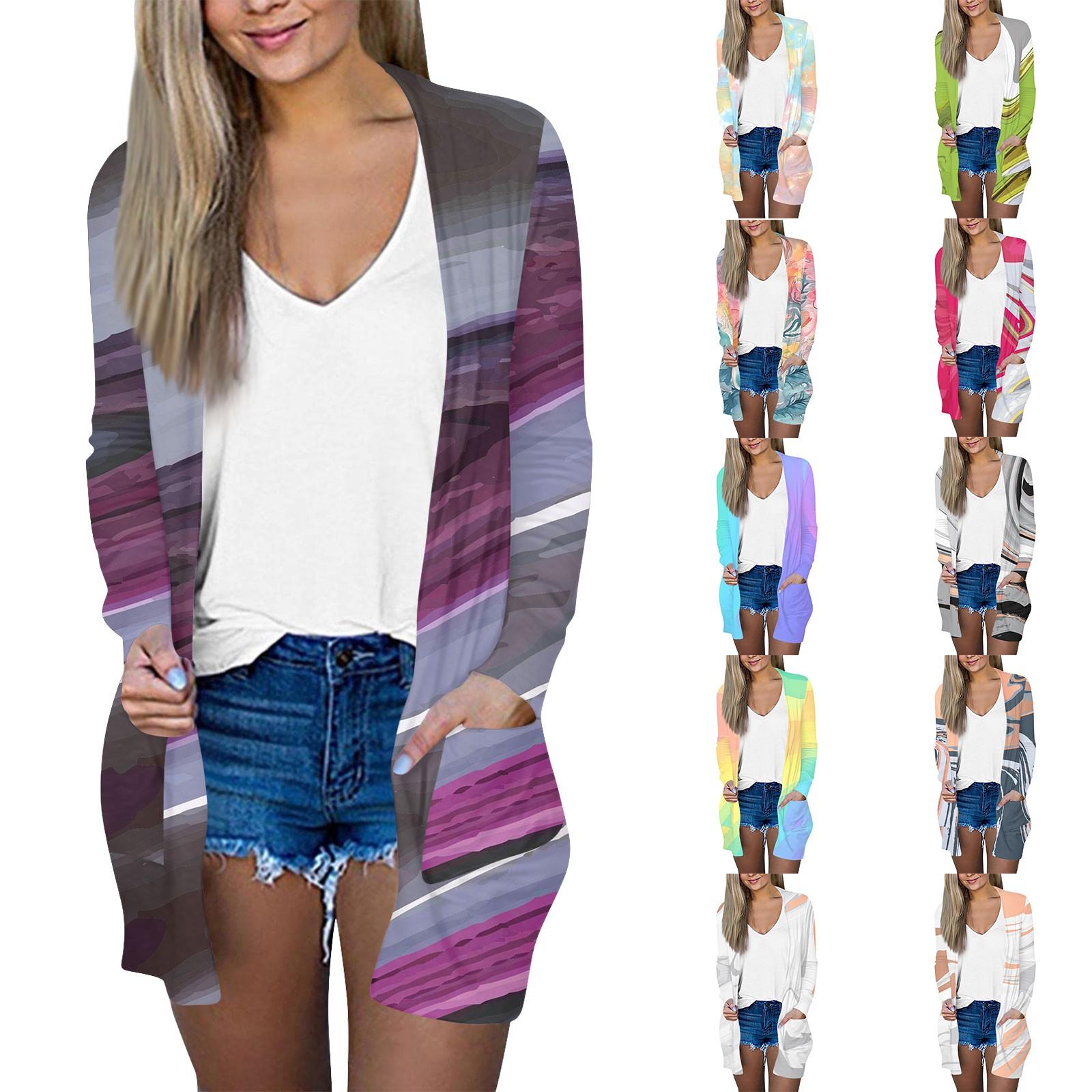 

Women s Casual Fashion Texture Print Long Sleeve Mid-Length Cardigan Jacket L