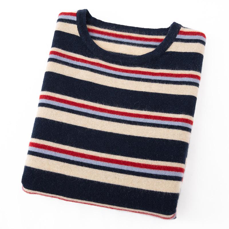 Women's Colorful Striped Cashmere Sweater – Round Neck, Loose Fit, Long Sleeve Knit Base Layer for Autumn/Winter