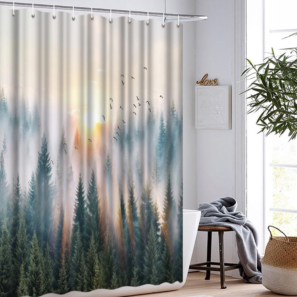 Nature Landscape Shower Curtain Green Bathroom Decor with 12 Hooks 72x72 Inches