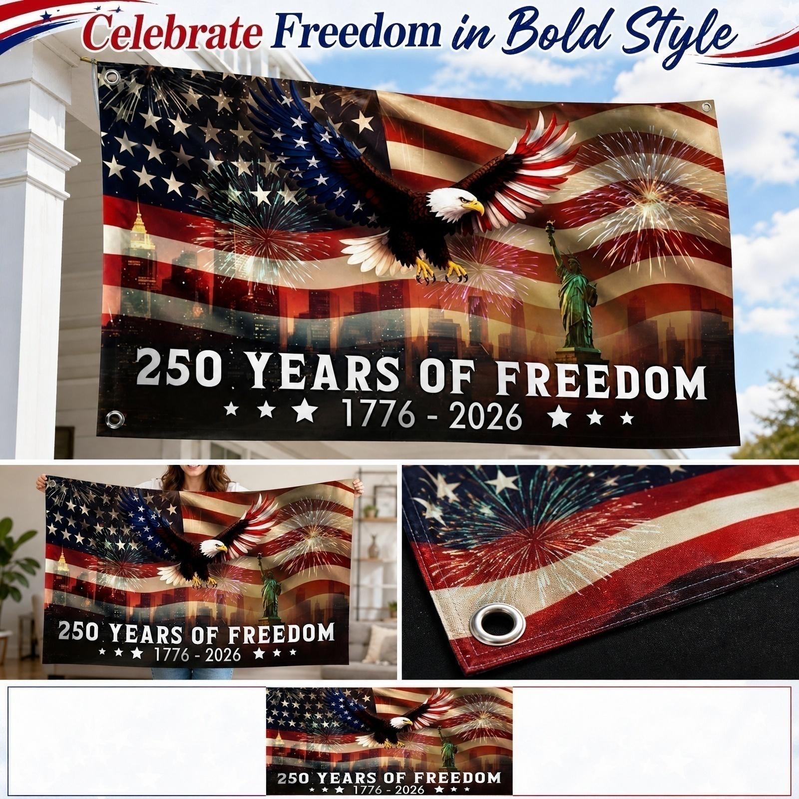 Double Sided Commemorative Flag 60x90 Inches Patriotic Banner Featuring Eagle Statue and Fireworks Design Suitable for Outdoor Indoor Display One Size