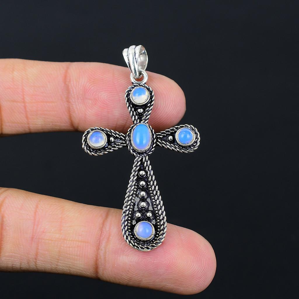 Milky Opal Gemstone Handmade 925 Sterling Silver Gift Cross Pendant 2.10" b2N21
