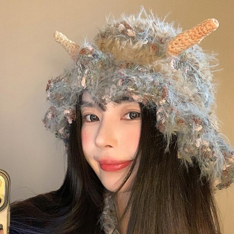 Lovely Horned Knitted Hat Soft Plush Monsters Hat Cold Weather Comfortable Hat for Winter Warmth and Ear Protecting