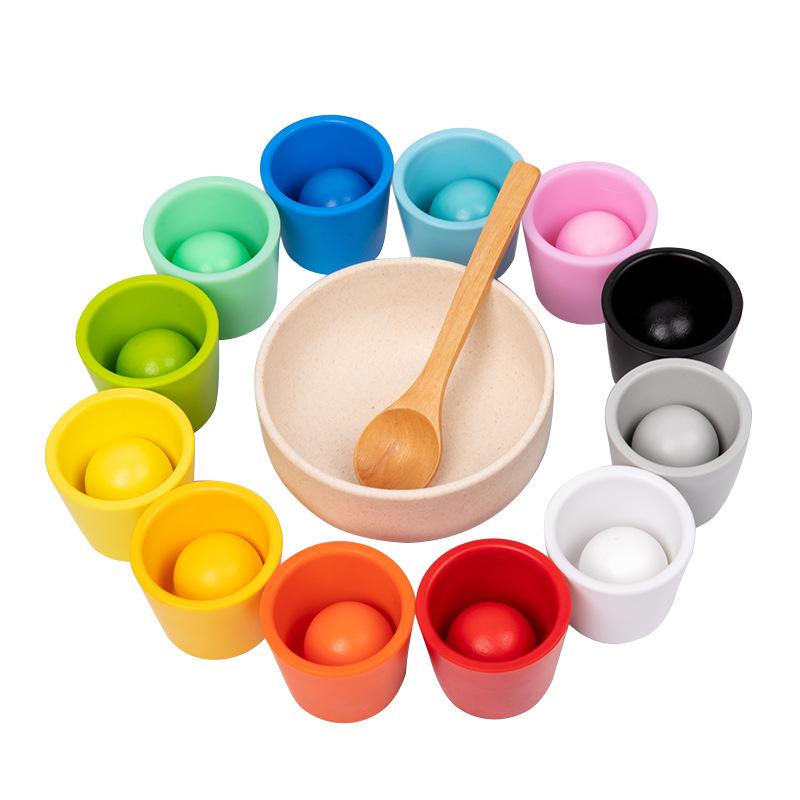 Baby Montessori Color Recognition Classification Cups Wooden Rainbow Ball Early Learning Educational Desktop Games Toys Gift