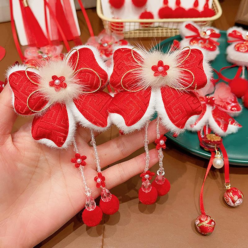 1pár děti rok Červená mašle Sponky do vlasů Kawaii Vlasové doplňky Motýlí střapce Spona do vlasů Všestranná spona do vlasů ve starověkém stylu