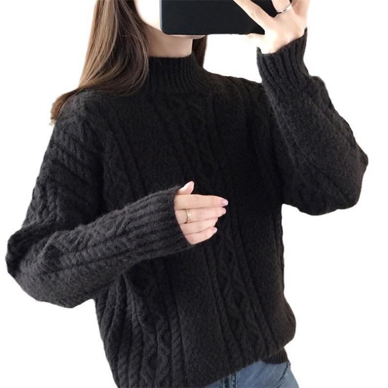 Autumn and Winter New Solid Color Semi-turtleneck Pullover Sweater with Women's Thickened Loose and Thin Bottom Knitted Sweater