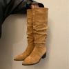 Pointed High-heeled Khaki Stacking Boots Women's Shoes New Spring and Autumn Winter Thin Long Knight Boots